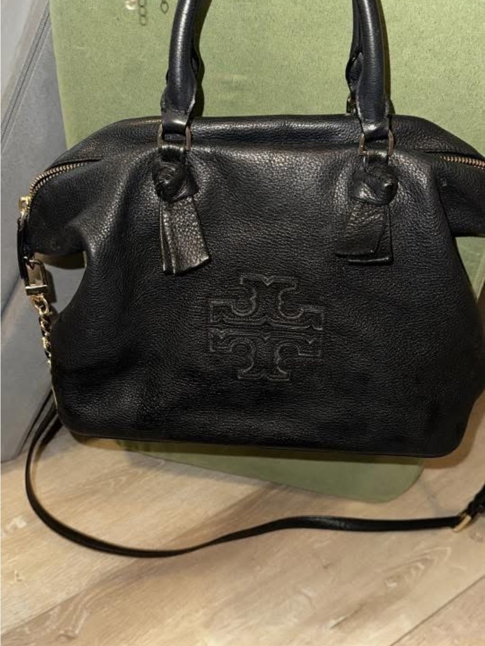 Tory Burch Black Pebbled Leather Satchel with Logo Emboss
